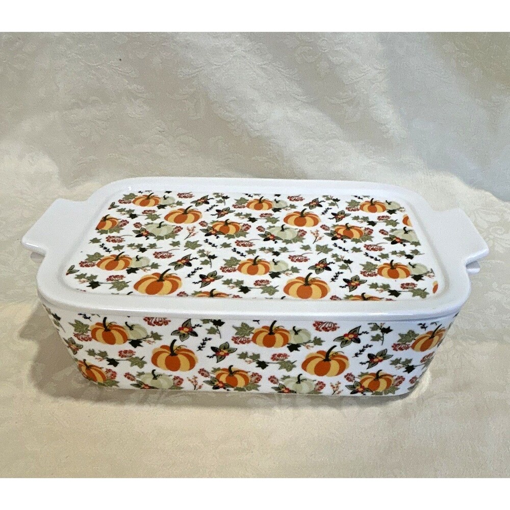Grace Pantry Pumpkin Vine 2.5 Qt Rectangular Ceramic Casserole Dish w/ Lid
